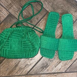 Green Terry cloth Bag and Slide Sandals Set